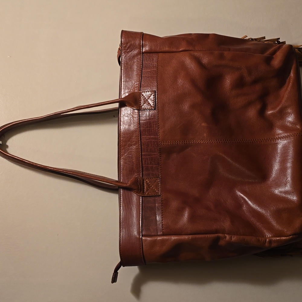 Brown Leather Tote Bag with Fringe and Pattern - Picture 4 of 14